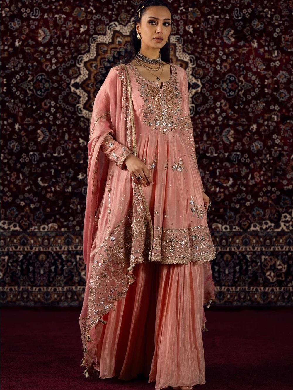 Lashkaraa Peachy Pink Embroidered Viscose Chinon Sharara. NWT. Size Large. - Picture 3 of 7